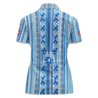 Tunisian Mosaic Pattern Women Polo Shirt with Blue Stripes and Traditional Tile Design