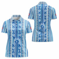 Tunisian Mosaic Pattern Women Polo Shirt with Blue Stripes and Traditional Tile Design