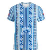 Tunisian Mosaic Pattern Women V-Neck T-Shirt with Blue Stripes and Traditional Tile Design