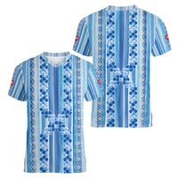 Tunisian Mosaic Pattern Women V-Neck T-Shirt with Blue Stripes and Traditional Tile Design