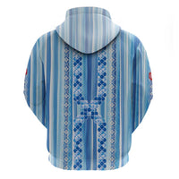 Tunisian Mosaic Pattern Zip Hoodie with Blue Stripes and Traditional Tile Design