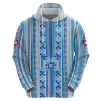 Tunisian Mosaic Pattern Zip Hoodie with Blue Stripes and Traditional Tile Design
