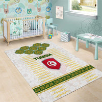 Tunisia Flag Traditional Tribal Pattern Green and White Pullover Area Rug with National Crest and Emblem