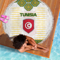 Tunisia Flag Traditional Tribal Pattern Green and White Pullover Beach Blanket with National Crest and Emblem