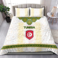 Tunisia Flag Traditional Tribal Pattern Green and White Pullover Bedding Set with National Crest and Emblem