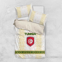 Tunisia Flag Traditional Tribal Pattern Green and White Pullover Bedding Set with National Crest and Emblem