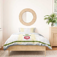 Tunisia Flag Traditional Tribal Pattern Green and White Pullover Bedding Set with National Crest and Emblem