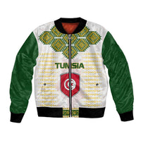 Tunisia Flag Traditional Tribal Pattern Green and White Pullover Bomber Jacket with National Crest and Emblem