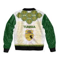 Tunisia Flag Traditional Tribal Pattern Green and White Pullover Bomber Jacket with National Crest and Emblem