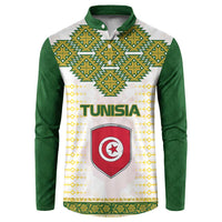 Tunisia Flag Traditional Tribal Pattern Green and White Pullover Button Sweatshirt with National Crest and Emblem