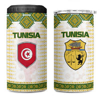 Tunisia Flag Traditional Tribal Pattern Green and White Pullover 4 in 1 Can Cooler Tumbler with National Crest and Emblem