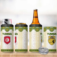 Tunisia Flag Traditional Tribal Pattern Green and White Pullover 4 in 1 Can Cooler Tumbler with National Crest and Emblem