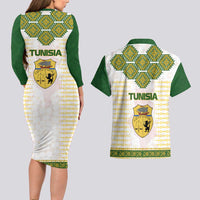 Tunisia Flag Traditional Tribal Pattern Green and White Pullover Couples Matching Long Sleeve Bodycon Dress and Hawaiian Shirt with National Crest and Emblem