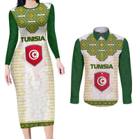 Tunisia Flag Traditional Tribal Pattern Green and White Pullover Couples Matching Long Sleeve Bodycon Dress and Long Sleeve Button Shirt with National Crest and Emblem