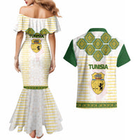 Tunisia Flag Traditional Tribal Pattern Green and White Pullover Couples Matching Mermaid Dress and Hawaiian Shirt with National Crest and Emblem