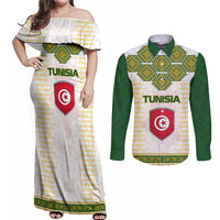 Tunisia Flag Traditional Tribal Pattern Green and White Pullover Couples Matching Off Shoulder Maxi Dress and Long Sleeve Button Shirt with National Crest and Emblem