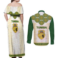 Tunisia Flag Traditional Tribal Pattern Green and White Pullover Couples Matching Off Shoulder Maxi Dress and Long Sleeve Button Shirt with National Crest and Emblem