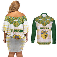 Tunisia Flag Traditional Tribal Pattern Green and White Pullover Couples Matching Off Shoulder Short Dress and Long Sleeve Button Shirt with National Crest and Emblem