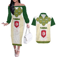 Tunisia Flag Traditional Tribal Pattern Green and White Pullover Couples Matching Off The Shoulder Long Sleeve Dress and Hawaiian Shirt with National Crest and Emblem