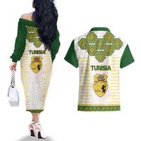 Tunisia Flag Traditional Tribal Pattern Green and White Pullover Couples Matching Off The Shoulder Long Sleeve Dress and Hawaiian Shirt with National Crest and Emblem