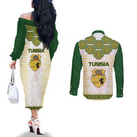 Tunisia Flag Traditional Tribal Pattern Green and White Pullover Couples Matching Off The Shoulder Long Sleeve Dress and Long Sleeve Button Shirt with National Crest and Emblem