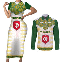 Tunisia Flag Traditional Tribal Pattern Green and White Pullover Couples Matching Short Sleeve Bodycon Dress and Long Sleeve Button Shirt with National Crest and Emblem