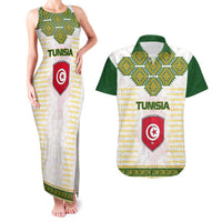 Tunisia Flag Traditional Tribal Pattern Green and White Pullover Couples Matching Tank Maxi Dress and Hawaiian Shirt with National Crest and Emblem