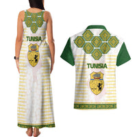 Tunisia Flag Traditional Tribal Pattern Green and White Pullover Couples Matching Tank Maxi Dress and Hawaiian Shirt with National Crest and Emblem