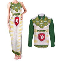 Tunisia Flag Traditional Tribal Pattern Green and White Pullover Couples Matching Tank Maxi Dress and Long Sleeve Button Shirt with National Crest and Emblem