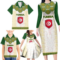 Tunisia Flag Traditional Tribal Pattern Green and White Pullover Family Matching Long Sleeve Bodycon Dress and Hawaiian Shirt with National Crest and Emblem