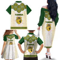 Tunisia Flag Traditional Tribal Pattern Green and White Pullover Family Matching Off The Shoulder Long Sleeve Dress and Hawaiian Shirt with National Crest and Emblem
