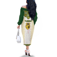 Tunisia Flag Traditional Tribal Pattern Green and White Pullover Family Matching Off The Shoulder Long Sleeve Dress and Hawaiian Shirt with National Crest and Emblem