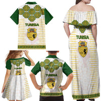 Tunisia Flag Traditional Tribal Pattern Green and White Pullover Family Matching Off Shoulder Maxi Dress and Hawaiian Shirt with National Crest and Emblem