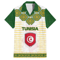 Tunisia Flag Traditional Tribal Pattern Green and White Pullover Family Matching Off Shoulder Maxi Dress and Hawaiian Shirt with National Crest and Emblem