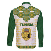 Tunisia Flag Traditional Tribal Pattern Green and White Pullover Family Matching Off Shoulder Maxi Dress and Hawaiian Shirt with National Crest and Emblem