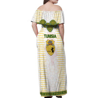 Tunisia Flag Traditional Tribal Pattern Green and White Pullover Family Matching Off Shoulder Maxi Dress and Hawaiian Shirt with National Crest and Emblem
