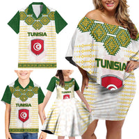 Tunisia Flag Traditional Tribal Pattern Green and White Pullover Family Matching Off Shoulder Short Dress and Hawaiian Shirt with National Crest and Emblem