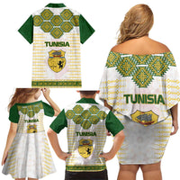 Tunisia Flag Traditional Tribal Pattern Green and White Pullover Family Matching Off Shoulder Short Dress and Hawaiian Shirt with National Crest and Emblem