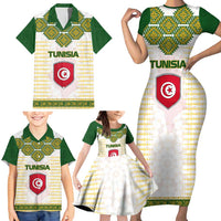 Tunisia Flag Traditional Tribal Pattern Green and White Pullover Family Matching Short Sleeve Bodycon Dress and Hawaiian Shirt with National Crest and Emblem