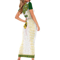 Tunisia Flag Traditional Tribal Pattern Green and White Pullover Family Matching Short Sleeve Bodycon Dress and Hawaiian Shirt with National Crest and Emblem