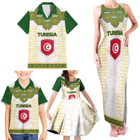 Tunisia Flag Traditional Tribal Pattern Green and White Pullover Family Matching Tank Maxi Dress and Hawaiian Shirt with National Crest and Emblem