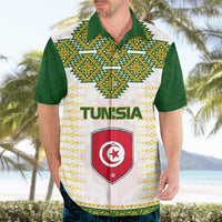 Tunisia Flag Traditional Tribal Pattern Green and White Pullover Hawaiian Shirt with National Crest and Emblem