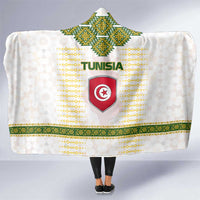 Tunisia Flag Traditional Tribal Pattern Green and White Pullover Hooded Blanket with National Crest and Emblem