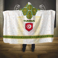 Tunisia Flag Traditional Tribal Pattern Green and White Pullover Hooded Blanket with National Crest and Emblem