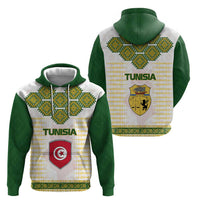 Tunisia Flag Traditional Tribal Pattern Green and White Pullover Hoodie with National Crest and Emblem