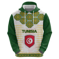 Tunisia Flag Traditional Tribal Pattern Green and White Pullover Hoodie with National Crest and Emblem
