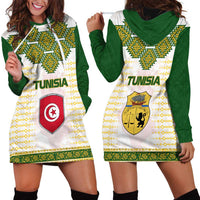 Tunisia Flag Traditional Tribal Pattern Green and White Pullover Hoodie Dress with National Crest and Emblem