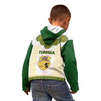 Tunisia Flag Traditional Tribal Pattern Green and White Pullover Kid Hoodie with National Crest and Emblem