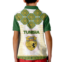 Tunisia Flag Traditional Tribal Pattern Green and White Pullover Kid Polo Shirt with National Crest and Emblem