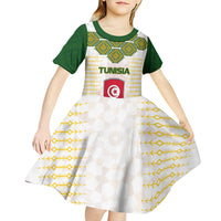 Tunisia Flag Traditional Tribal Pattern Green and White Pullover Kid Short Sleeve Dress with National Crest and Emblem